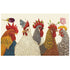 An illustration of five different chickens, wearing various botanicals on their heads, over a cream background.