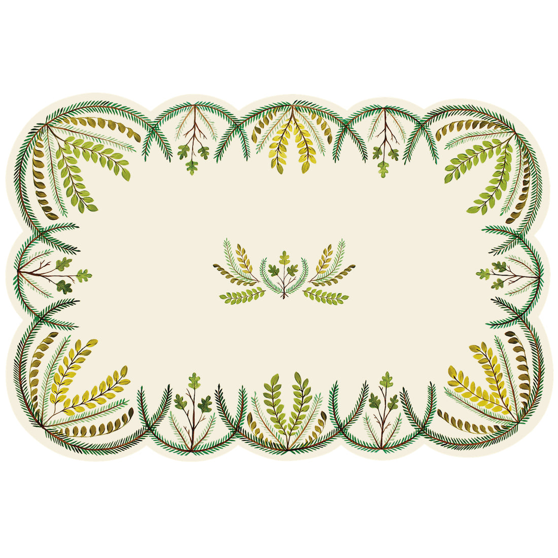 A die-cut placemat with symmetrical, rounded, bumpy edges containing an outline of of various leafy green sprigs on a white background, with a decorative sprig design in the center.