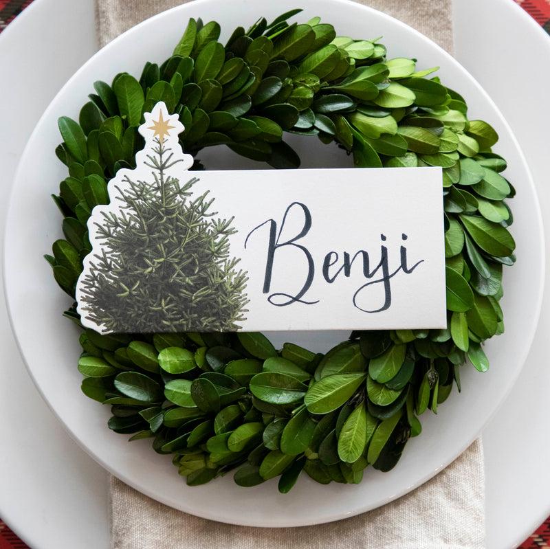 Top-down view of an elegant Christmastime place setting, featuring a Christmas Tree Place Card labeled &quot;Benji&quot; laying flat on the plate.