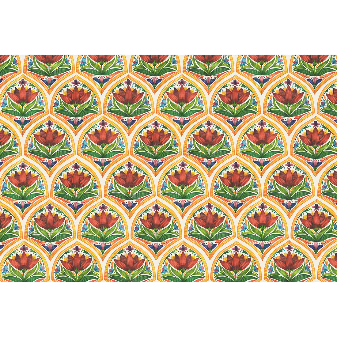 A vibrant, densely-packed illustrated shell-style pattern containing red flowers and green leaves with blue and purple accents in yellow borders, on a white background. 