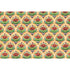 A vibrant, densely-packed illustrated shell-style pattern containing red flowers and green leaves with blue and purple accents in yellow borders, on a white background. 