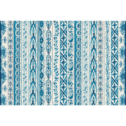 A pattern of vertical bands containing intricate and unique repeating designs, in a lovely indigo color over white.
