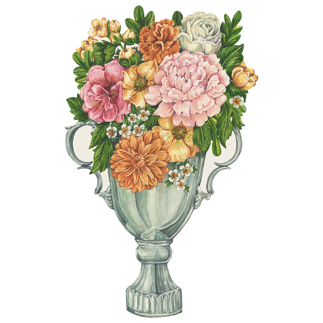 A die-cut, illustrated silver trophy filled with large flowers in muted pink, orange and yellow with vibrant green foliage.