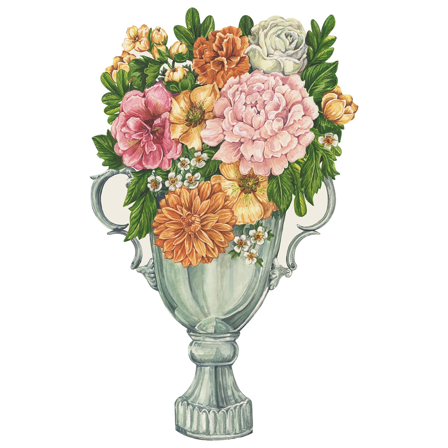 A die-cut, illustrated silver trophy filled with large flowers in muted pink, orange and yellow with vibrant green foliage.