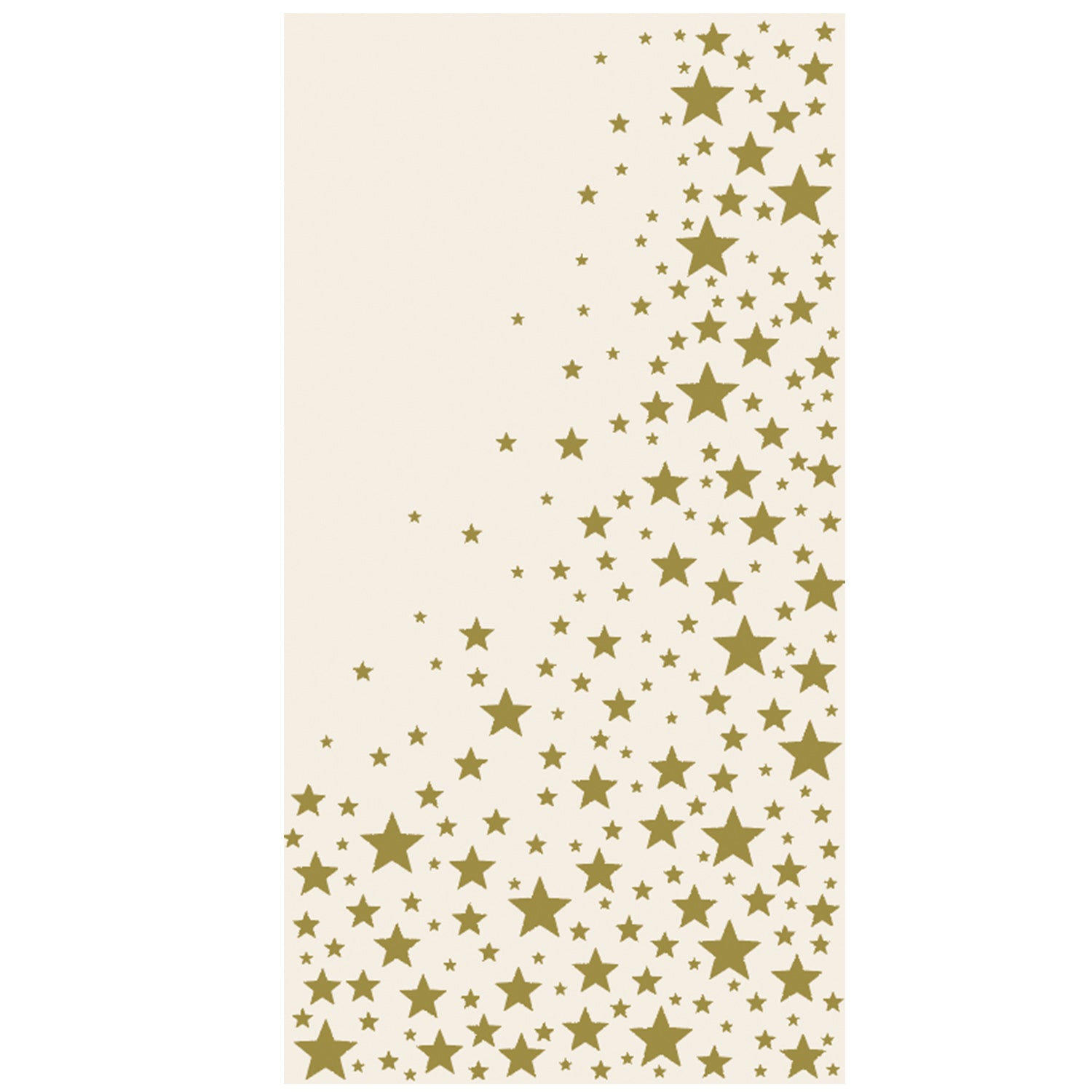 A rectangle, cream guest napkin featuring a scatter of different sized gold stars, more concentrated in the lower-right and less concentrated on the upper-left.