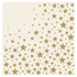 A square, cream cocktail napkin featuring a scatter of different sized gold stars, more concentrated in the lower-right and less concentrated on the upper-left.