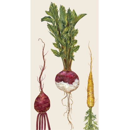 Illustration of three harvest vegetables—red beet, red onion, and yellow carrot—on a cream background. 