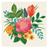 A square cocktail napkin featuring whimsical, illustrated blossoms in pink, red, blue and orange, with green leaves, centered on a white background.