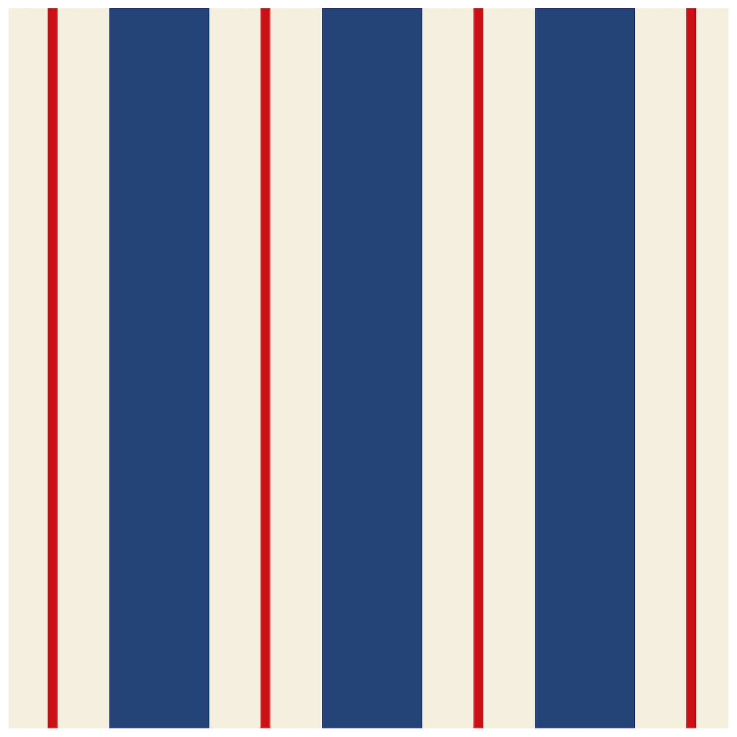 A square cocktail napkin featuring vertical navy and white stripes, with a red line running down the center of each white stripe.