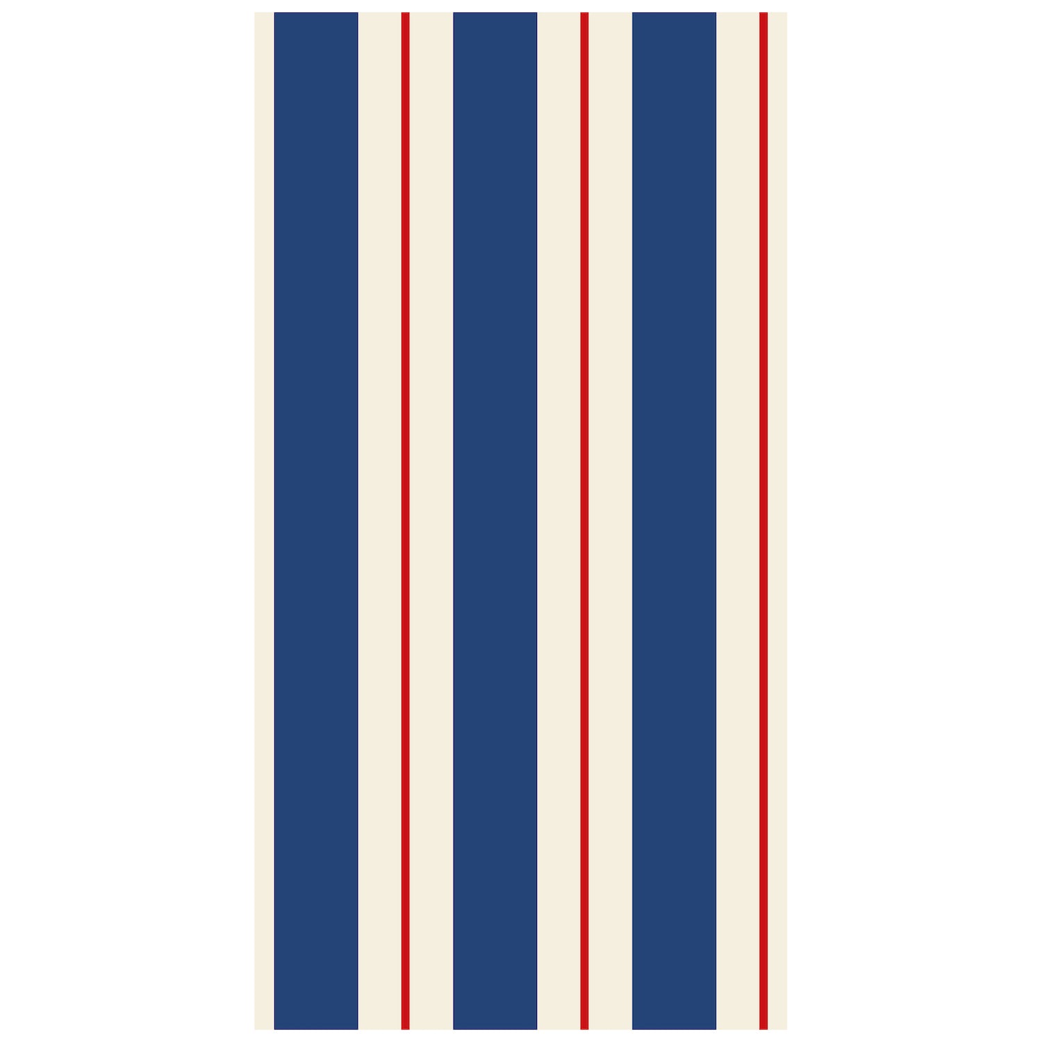 A rectangle guest napkin featuring vertical navy and white stripes, with a red line running down the center of each white stripe.