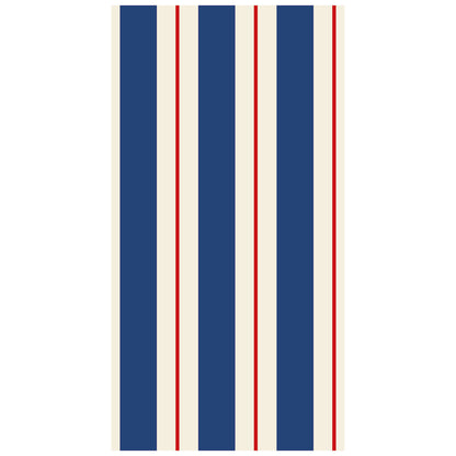 A rectangle guest napkin featuring vertical navy and white stripes, with a red line running down the center of each white stripe.