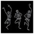 A square, black cocktail napkin featuring three illustrated dancing silver skeletons.
