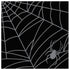 A black, square cocktail napkin featuring silver linework of a spiderweb and the silhouette of a spider.