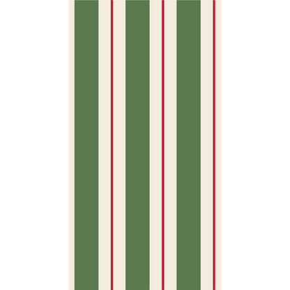 A rectangle guest napkin featuring vertical dark green and white stripes, with a thin red line centered in each white stripe.