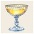 A square, cream cocktail napkin featuring an illustrated coupe glass full of bubbling, gold champagne. 