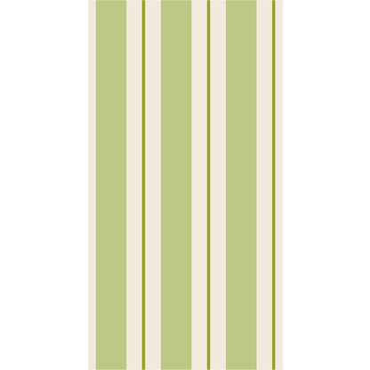 A rectangle guest napkin featuring vertical light green and white stripes, with a bright green line centered in each white stripe.