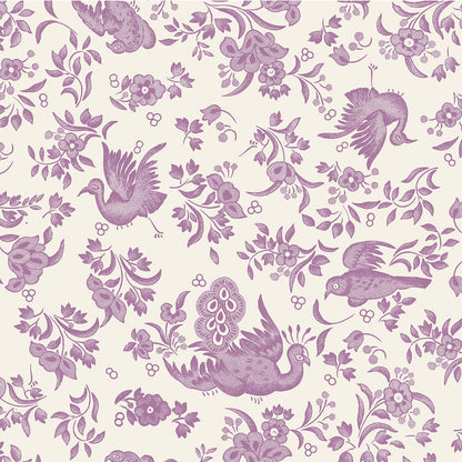 A square cocktail napkin featuring a lilac purple bird and floral pattern on a white background, inspired by the ornamental bird pattern from Burleigh.