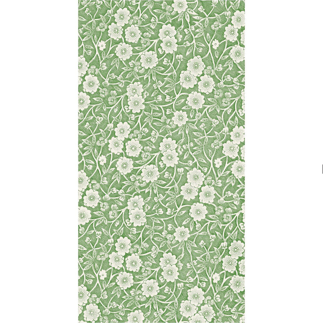 A rectangle guest napkin featuring a dense pattern of white flowers, stems and leaves on a green background.