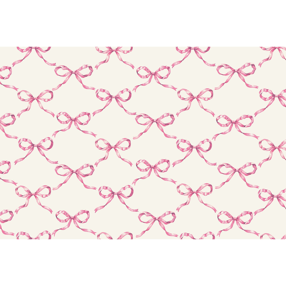 An illustrated lattice pattern made of elegant light pink bows evenly spaced over a white background.