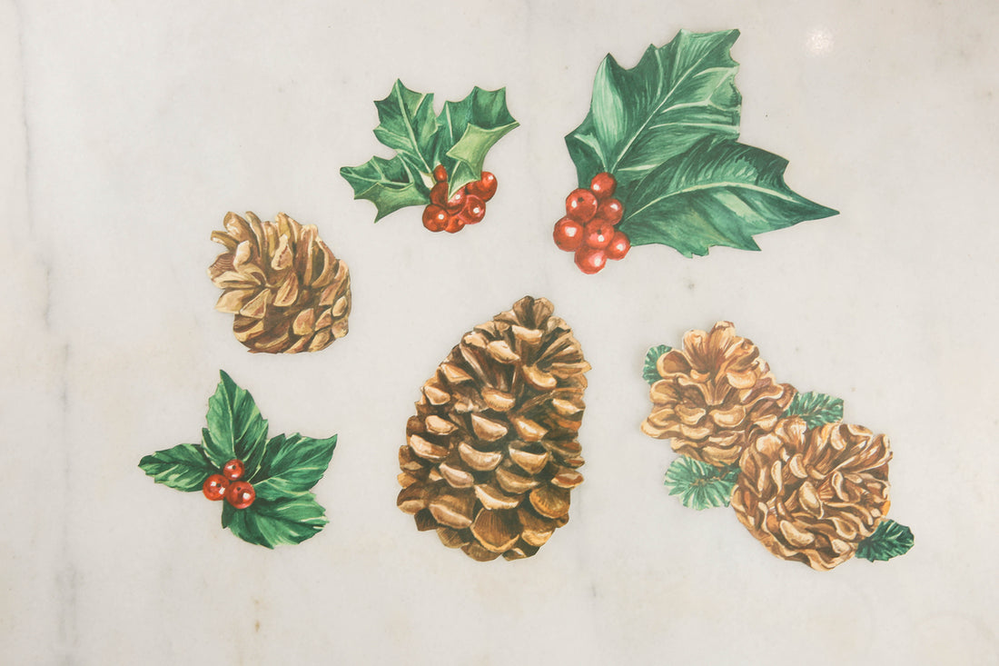 Six different die-cut paper images of illustrated pinecones and sprigs of holly with red berries, perfect for embellishing a Holiday tablescape.