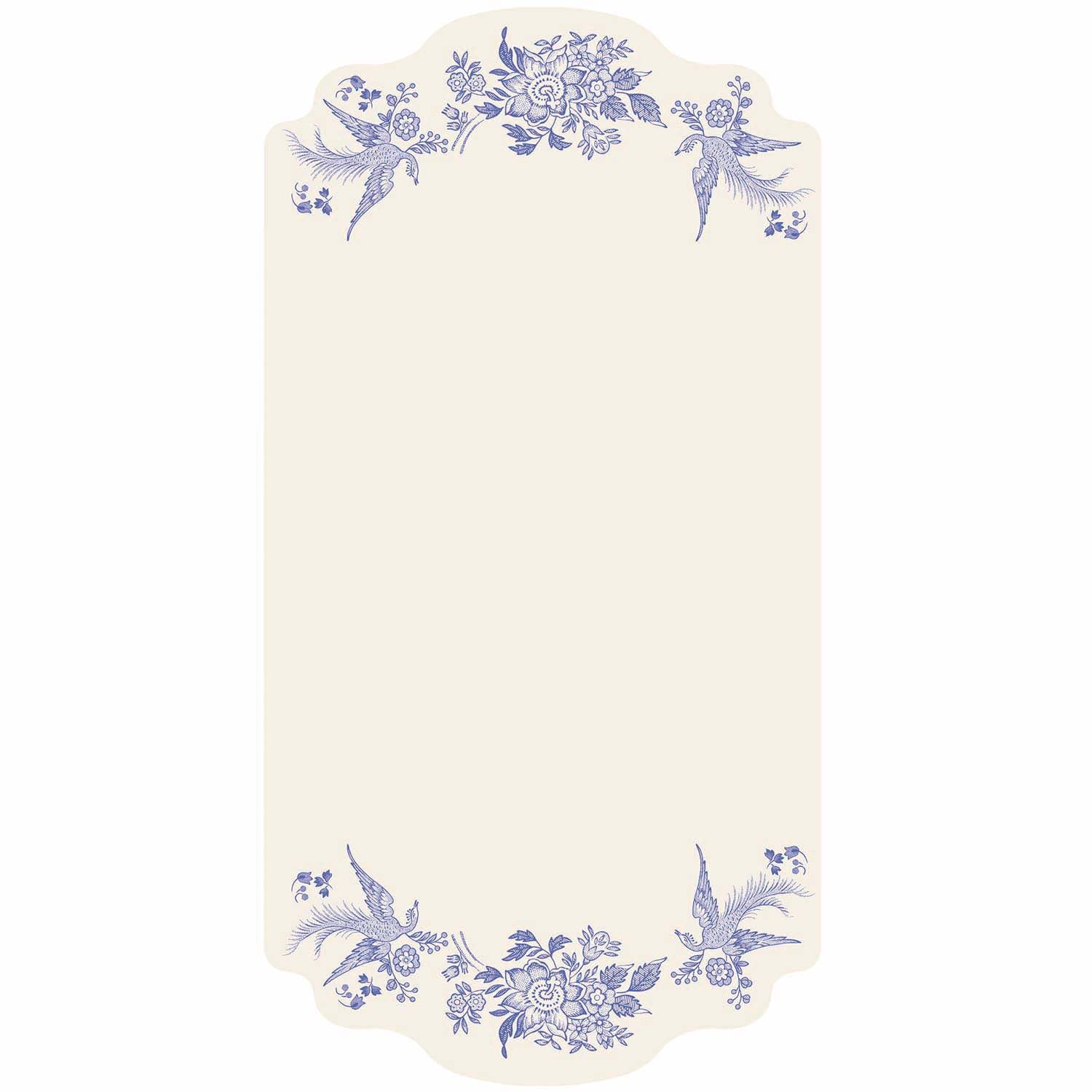 A white rectangular die-cut card featuring a blue vintage Burleigh-style floral and bird design along the top and bottom edges.