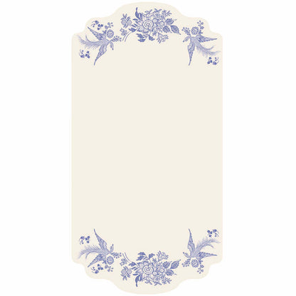 A white rectangular die-cut card featuring a blue vintage Burleigh-style floral and bird design along the top and bottom edges.