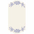 A white rectangular die-cut card featuring a blue vintage Burleigh-style floral and bird design along the top and bottom edges.