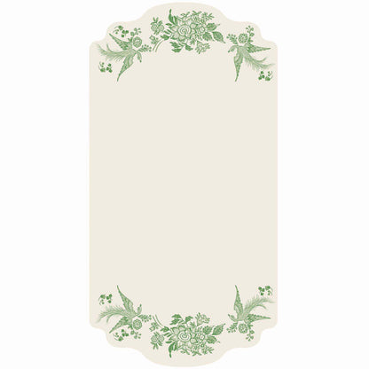 A white rectangular die-cut card featuring a green vintage Burleigh-style floral and bird design along the top and bottom edges.