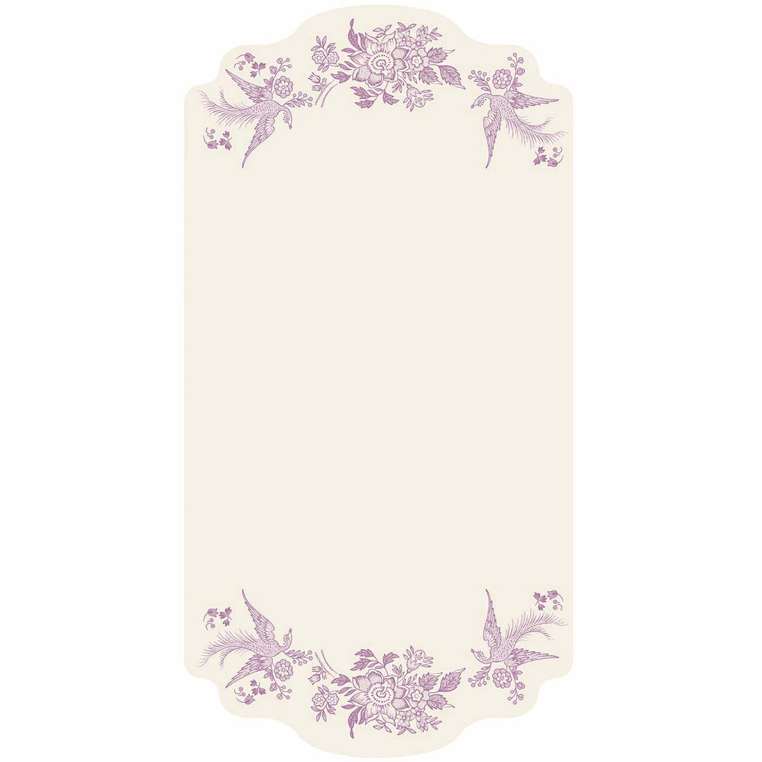 A white rectangular die-cut card featuring a lilac purple vintage Burleigh-style floral and bird design along the top and bottom edges.