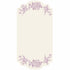 A white rectangular die-cut card featuring a lilac purple vintage Burleigh-style floral and bird design along the top and bottom edges.