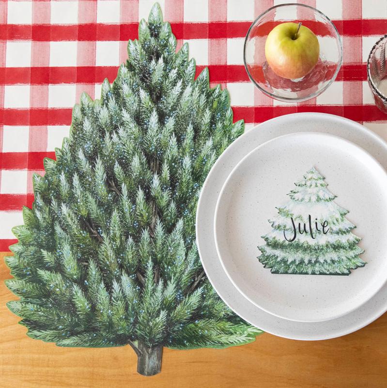 The Die-cut Evergreen Placemat under a rustic place setting, from above.