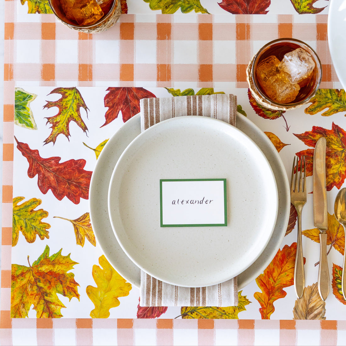 An elegant place setting featuring the Fall Foliage Placemat with a brown striped napkin in between two dinner plates with the Dark Green Frame Place Card reading &quot;alexander&quot;, on top, a glass of iced tea and Orange Painted Check Runner underneath.