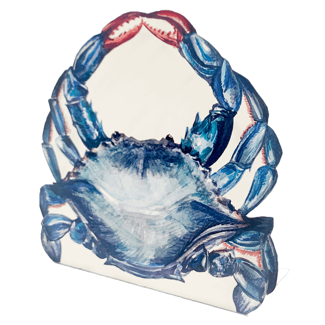 An illustrated, die-cut, freestanding place card featuring a painterly blue crab with red claws on a white background, with an open white space between the claws.