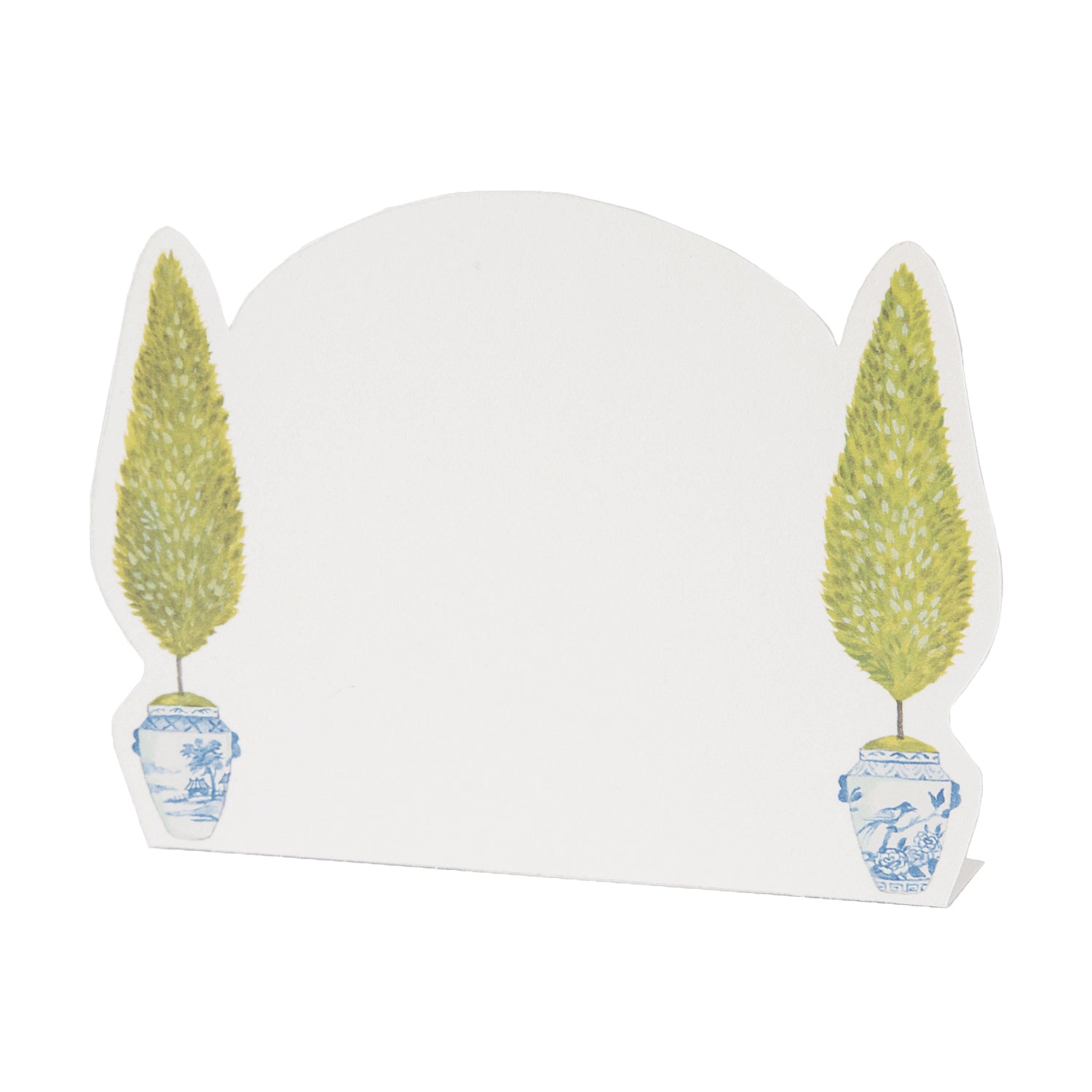 A white Hester &amp; Cook Topiary place card with two potted trees on it.