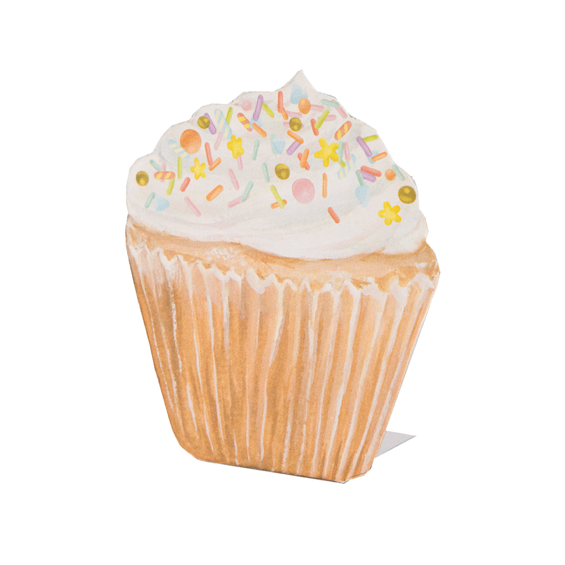 A life-sized Hester &amp; Cook Cupcake Place Card with sprinkles on a white background.