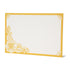 A free-standing, rectangular white table card with a marigold yellow frame around the edges, embellished with yellow linework flower designs in the corners.