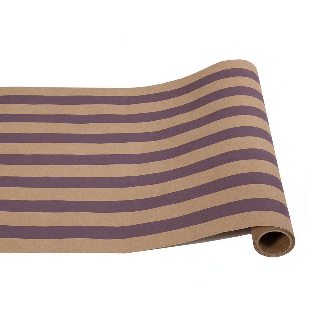 A paper roll with thick dark purple and kraft stripes running down the length.