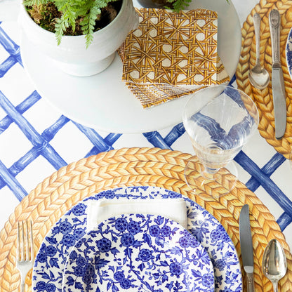 The Blue Lattice Runner under an elegant table setting, from above. 