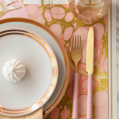 Close-up of the Pink &amp; Green Stone Marbled Placemat under an elegant Valentine&