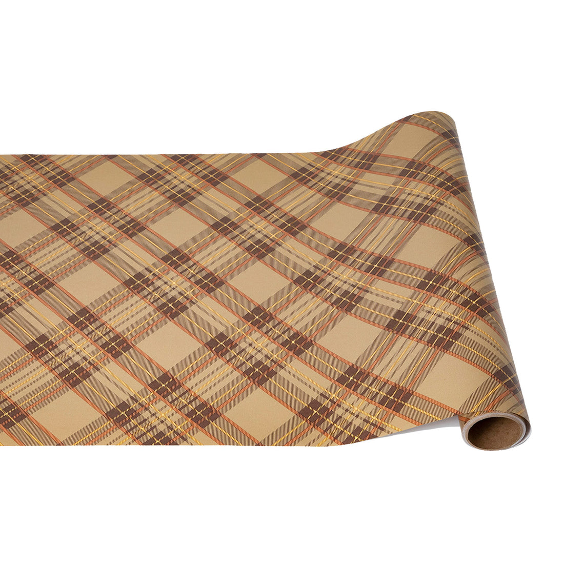 A diagonal plaid pattern of medium brown on a light tan color with accents of orange and yellow.