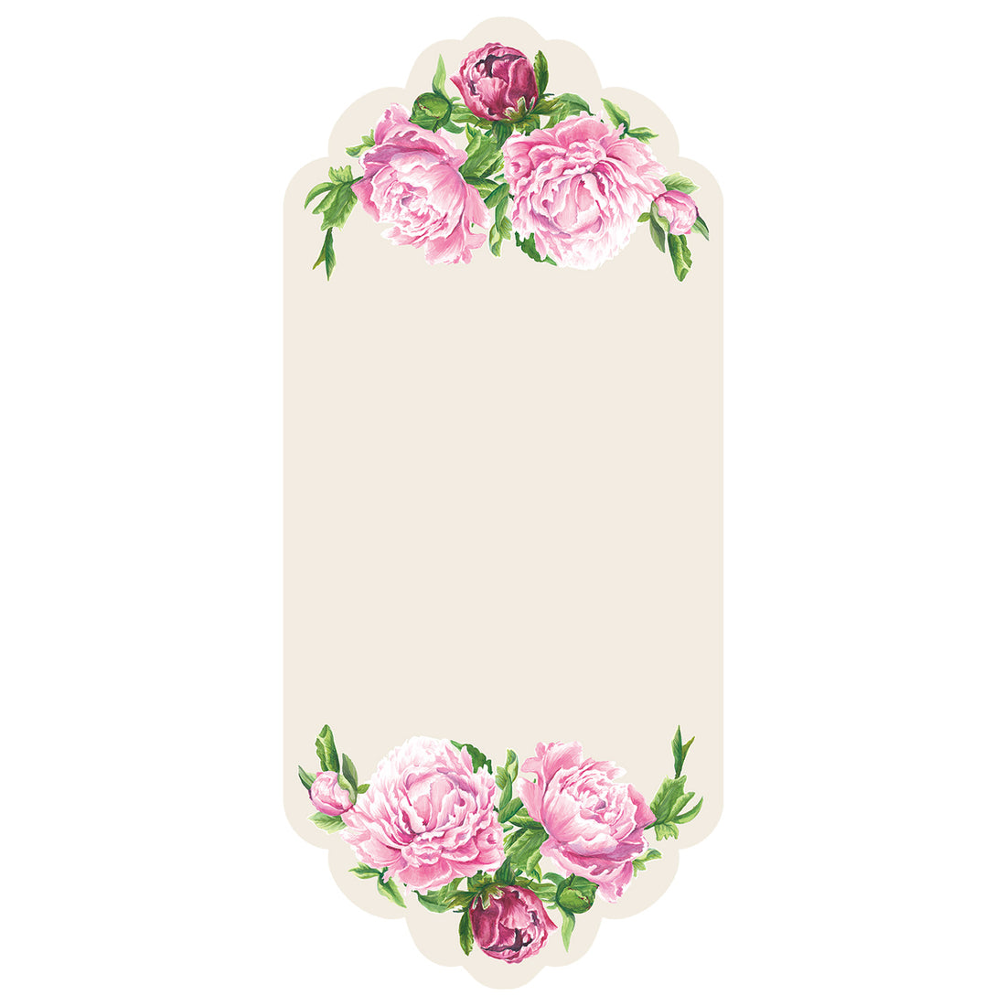 A rectangular card with scalloped top and bottom edges featuring illustrated pink peony blooms with green leaves adorning the top and bottom edges, leaving ample white space in the middle for personalization.