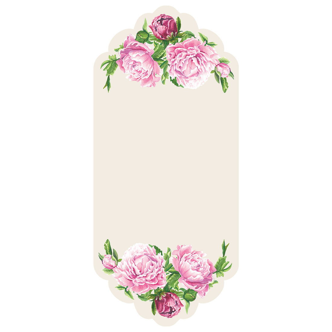 A rectangular card with scalloped top and bottom edges featuring illustrated pink peony blooms with green leaves adorning the top and bottom edges, leaving ample white space in the middle for personalization.