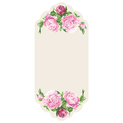 A rectangular card with scalloped top and bottom edges featuring illustrated pink peony blooms with green leaves adorning the top and bottom edges, leaving ample white space in the middle for personalization.