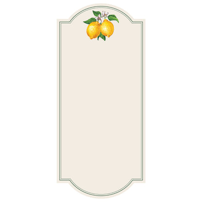 A white, rectangular card with a rounded top and bottom edge, framed with a simple double black line and adorned with a pair of vibrant yellow lemons with green leaves and white blooms at the top, leaving ample white space for personalization.