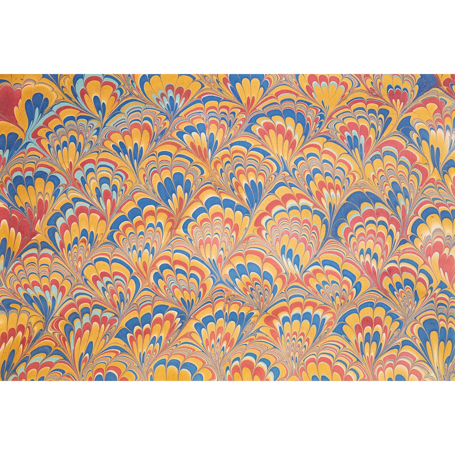 An abstract, marbled pattern resembling a grid of fans in red, medium blue, light blue, and marigold.