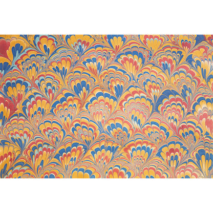 An abstract, marbled pattern resembling a grid of fans in red, medium blue, light blue, and marigold.