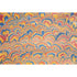 An abstract, marbled pattern resembling a grid of fans in red, medium blue, light blue, and marigold.