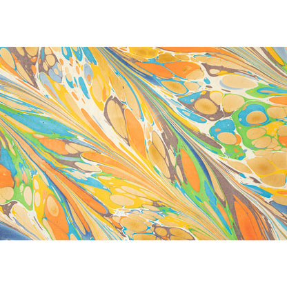 An abstract, marbled pattern featuring spots of orange, blue, green, marigold, cream and brown on white, swiped together in alternating diagonal strokes.