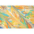 An abstract, marbled pattern featuring spots of orange, blue, green, marigold, cream and brown on white, swiped together in alternating diagonal strokes.