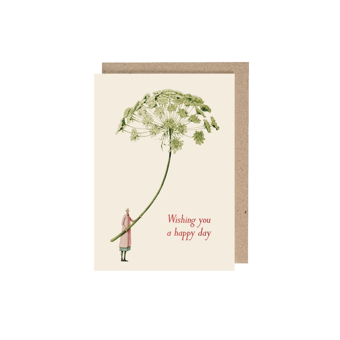 Ammi greeting card with an illustration of a woman holding a gigantic ammi flower with red text that reads &quot;Wishing you a happy day&quot;.